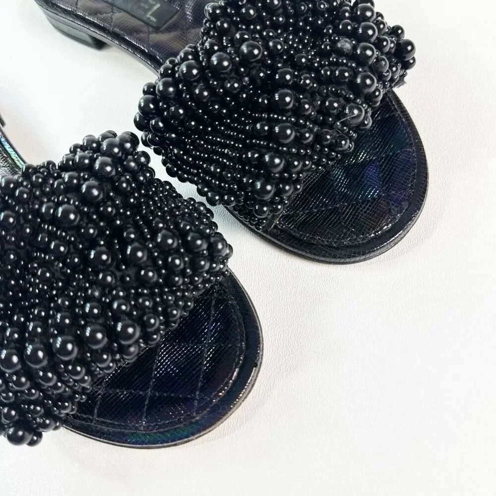 CHANEL Black Fantasy Pearl Cord Sandals Size 37 Mules Open Toe Slides CC Flat